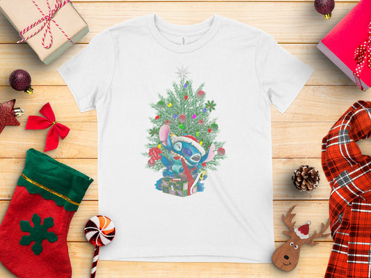 Christmas Tree and Cartoon Character Graphic T-shirt