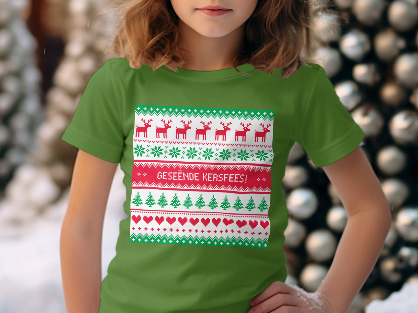 Festive Green Shirt with Reindeer and Tree Print