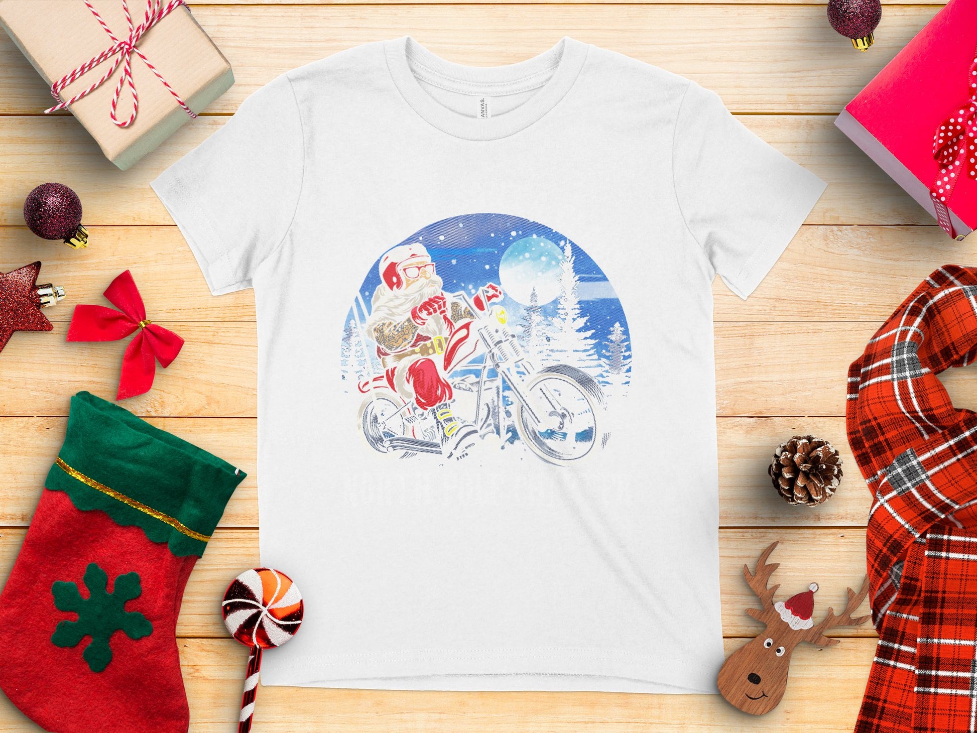 Santa on Motorcycle with Christmas Gifts T-Shirt