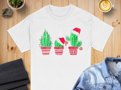 Festive Christmas Cactus Print Short Sleeve Shirt