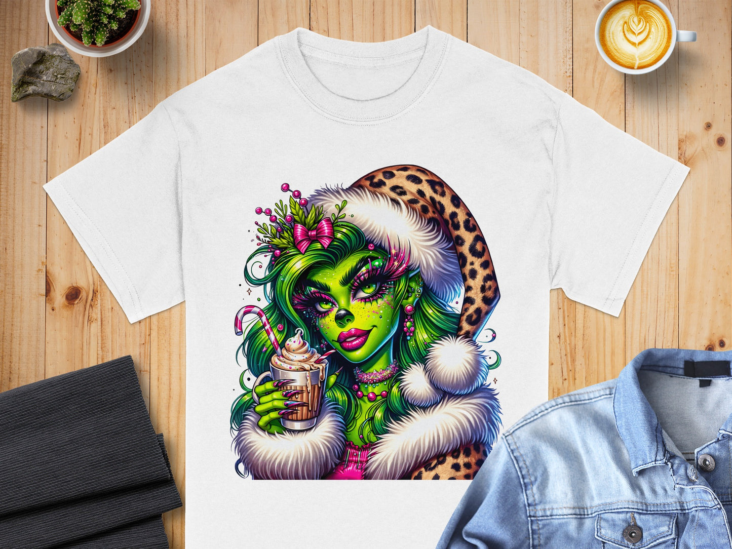 Festive Green Character with Leopard Santa Hat T-Shirt