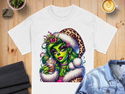 Festive Green Character with Leopard Santa Hat T-Shirt