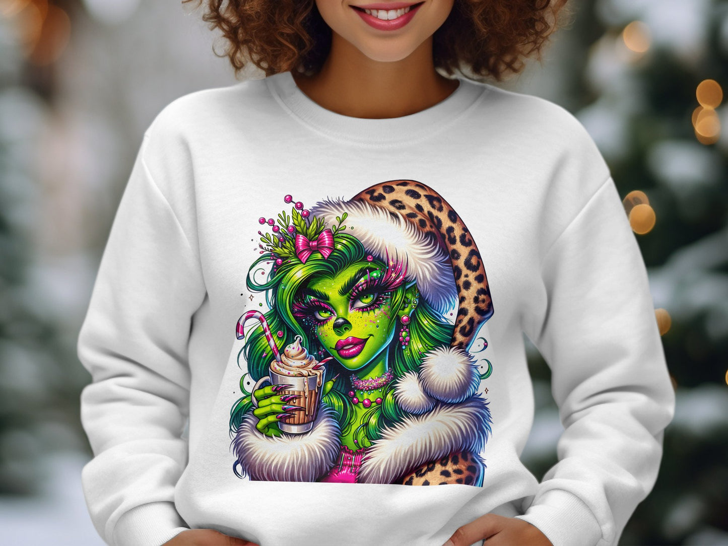Festive Green Lady with Hot Cocoa Holiday Sweatshirt