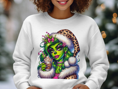 Festive Green Lady with Hot Cocoa Holiday Sweatshirt