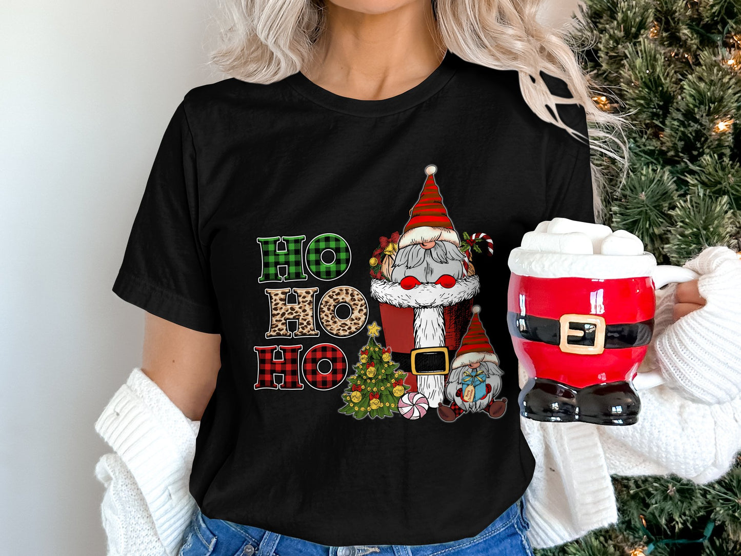 Festive Santa and Ho Ho Ho Holiday Christmas Graphic Shirt
