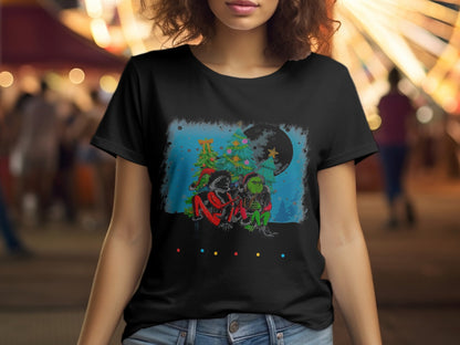 Festive Christmas Scene Tee with Colorful Lights Design