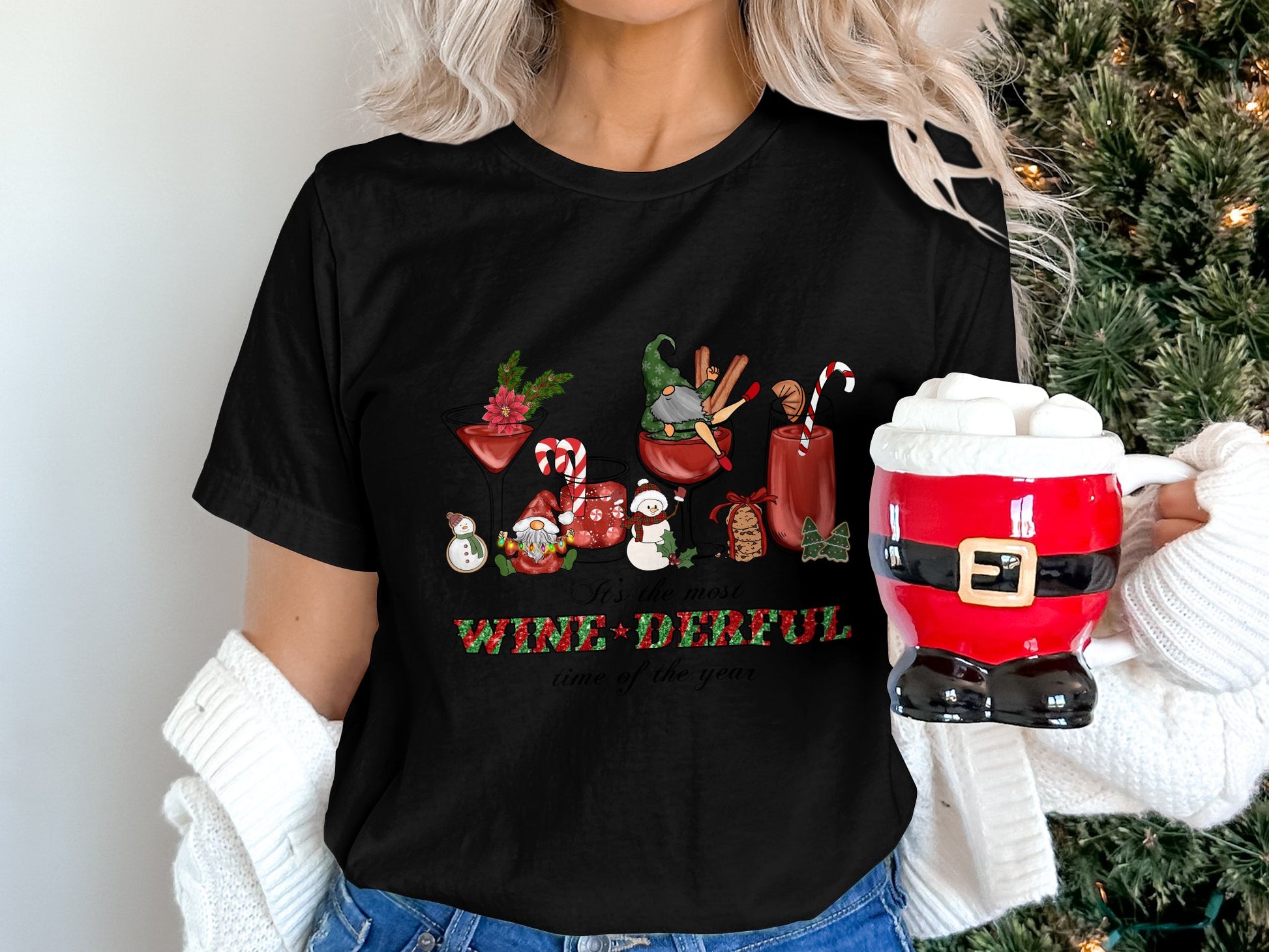Festive Wine Derful Christmas Graphic Tee Shirt