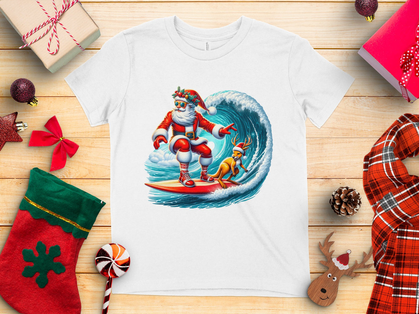 Santa Surfing with Reindeer Christmas T-shirt