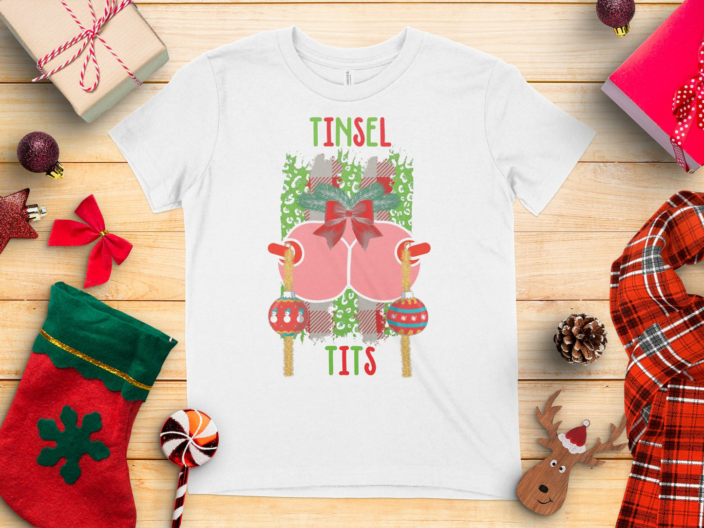 Fun Festive Tinsel Tits Graphic Tee for Holiday Season