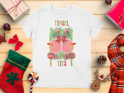 Fun Festive Tinsel Tits Graphic Tee for Holiday Season
