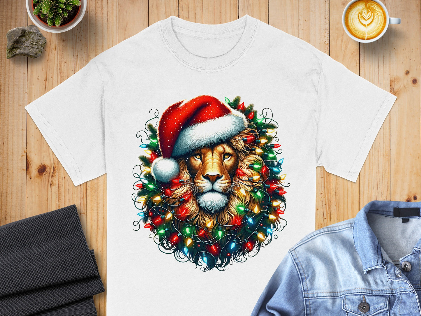 Christmas Lion with Santa Hat and Lights T-Shirt