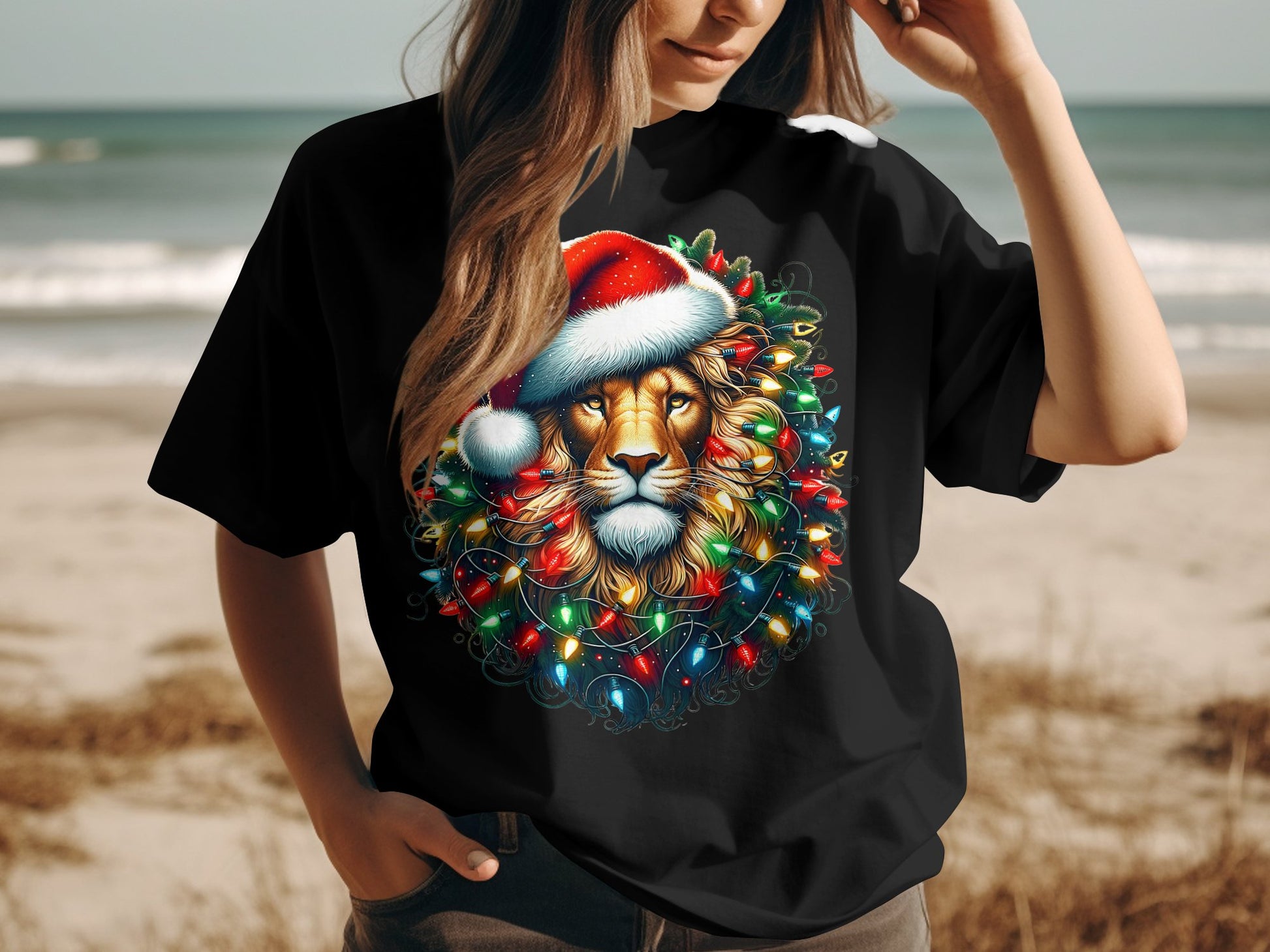 Festive Lion with Holiday Lights Graphic T-shirt