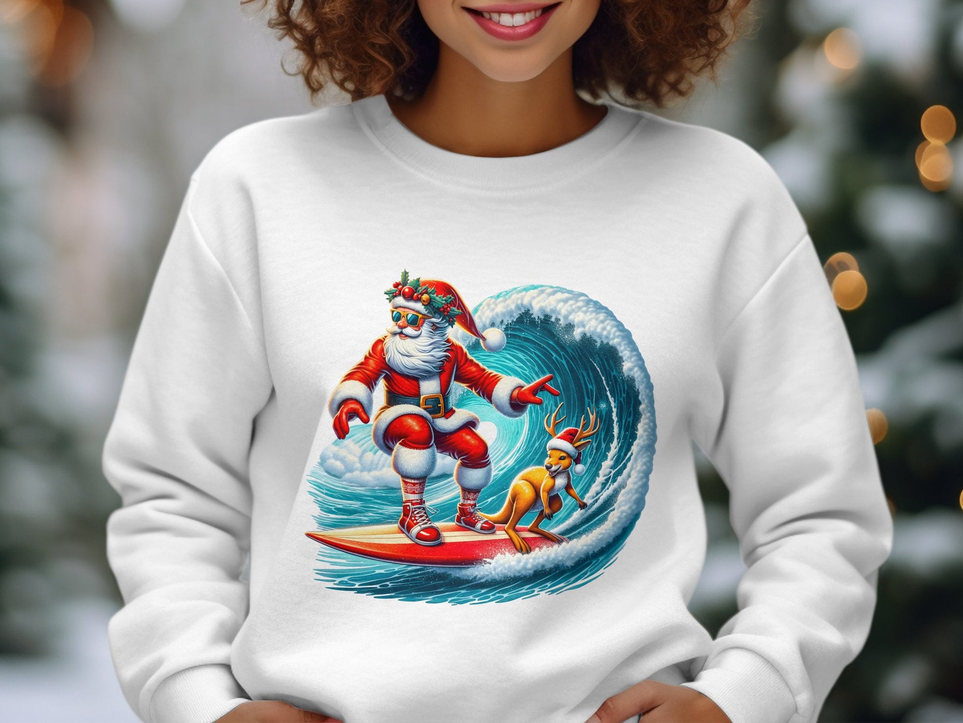 Santa Surfing Wave With Reindeer Sweatshirt