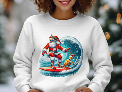 Santa Surfing Wave With Reindeer Sweatshirt