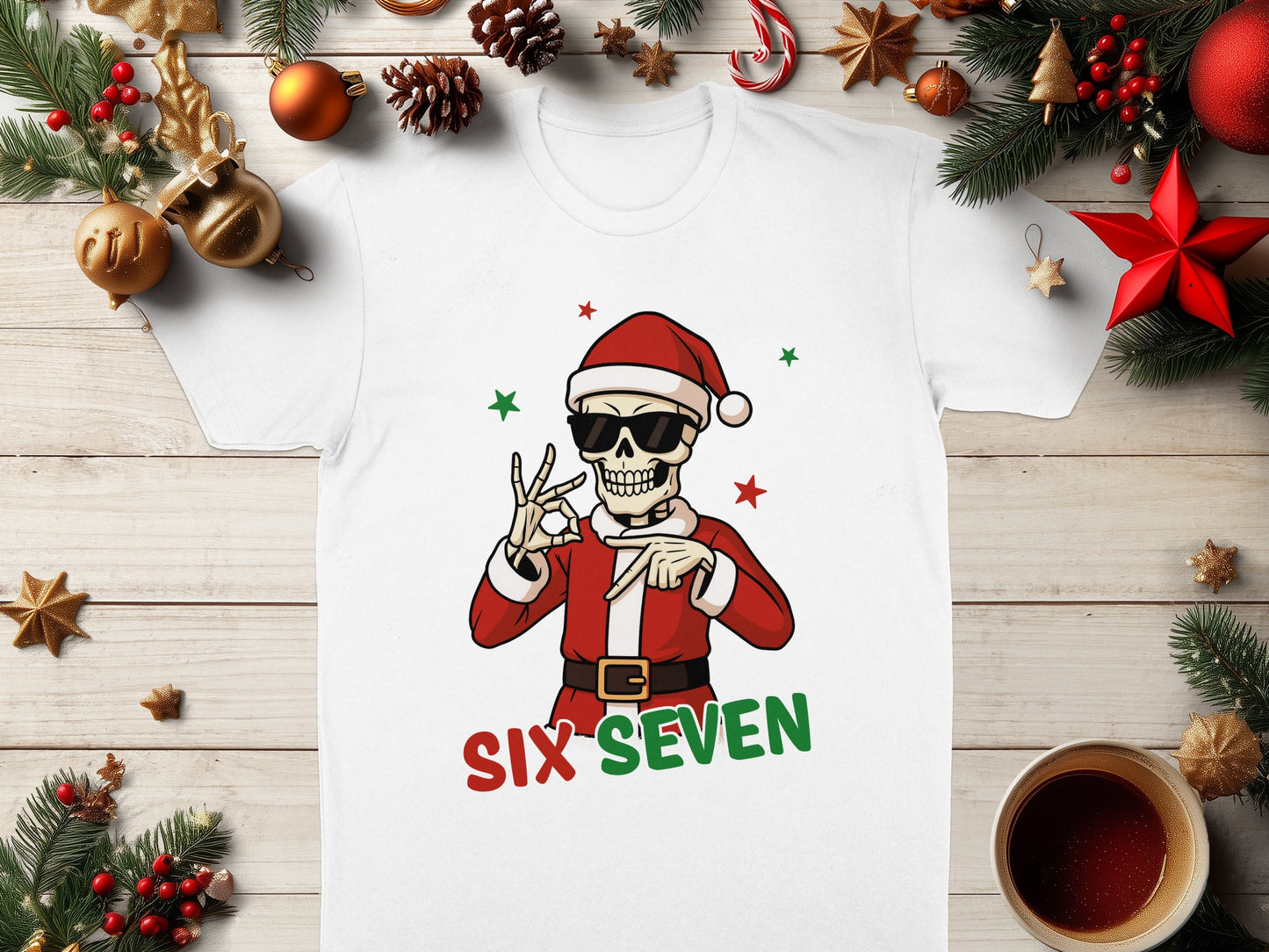 Santa Skull Design with Six Seven Text T-Shirt