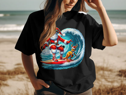 Santa Claus Surfing with Reindeer Design Shirt