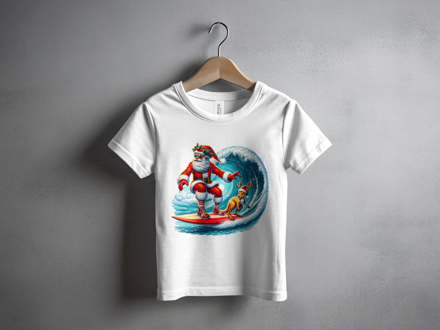 Santa Surfing with Dog on Wave Kids T-Shirt