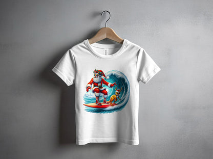 Santa Surfing with Dog on Wave Kids T-Shirt