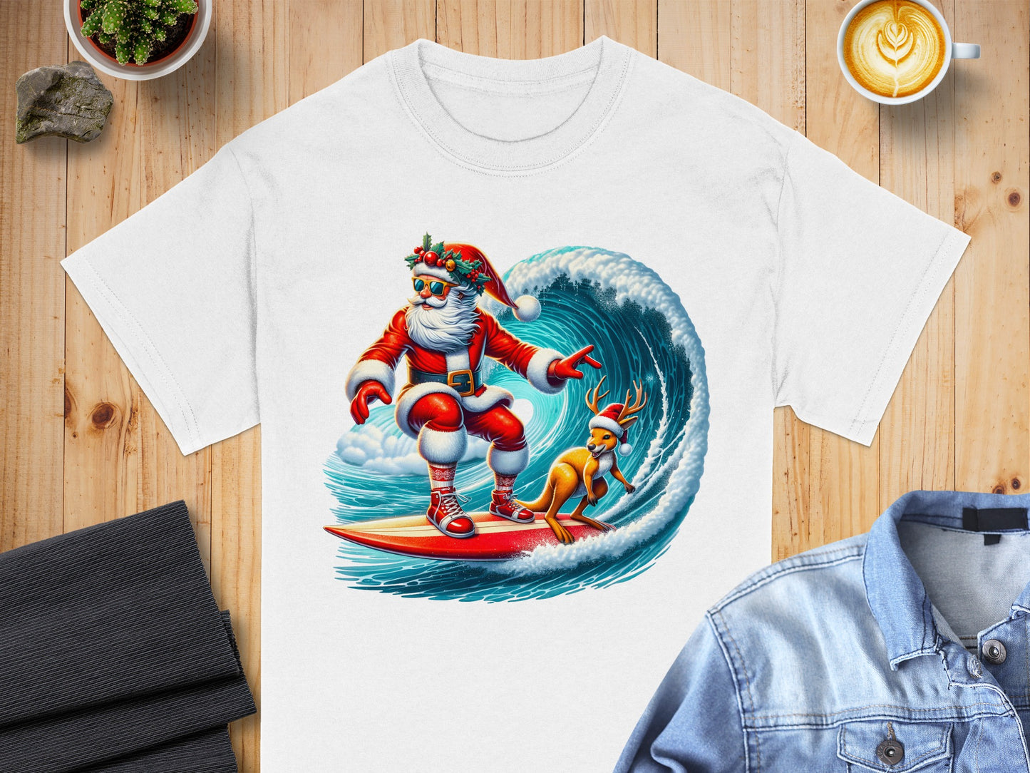 Surfing Santa and Reindeer on a Wave T-shirt