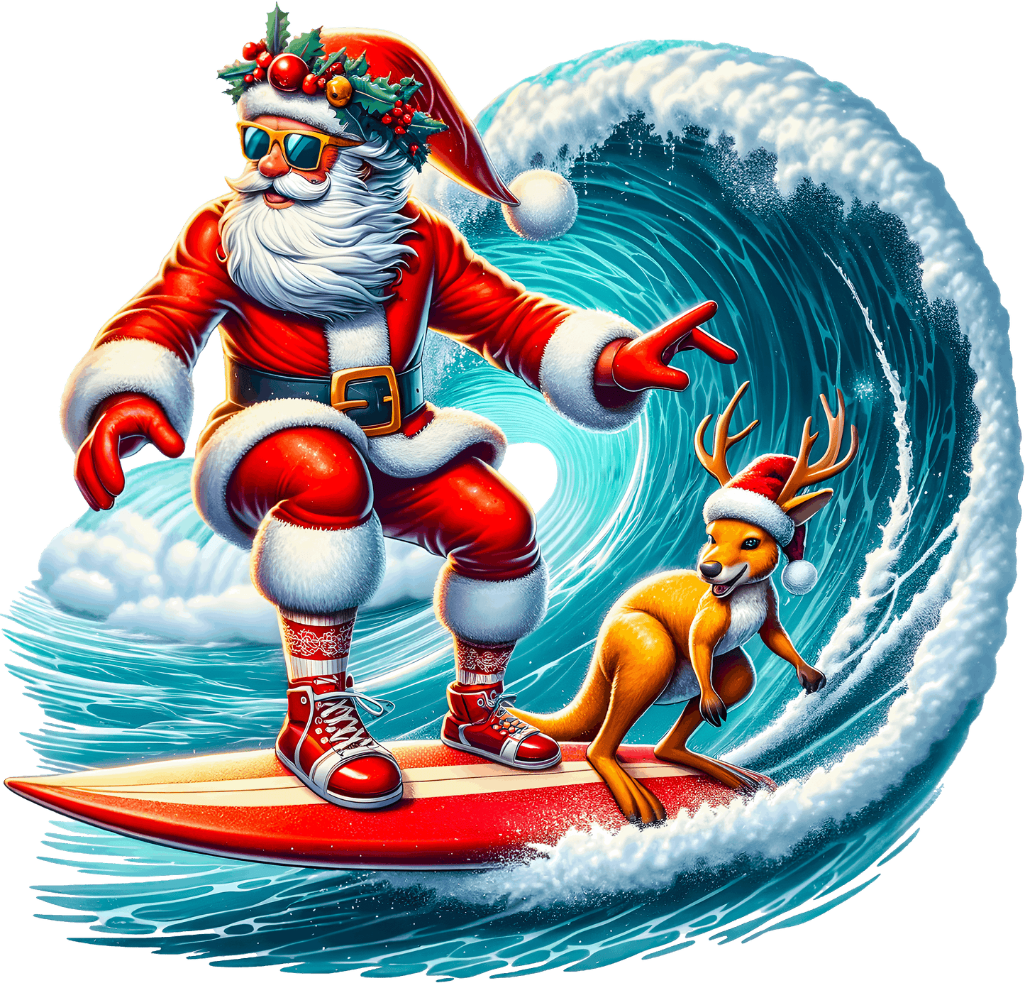 Santa Surfing with Reindeer Christmas Holiday Ride
