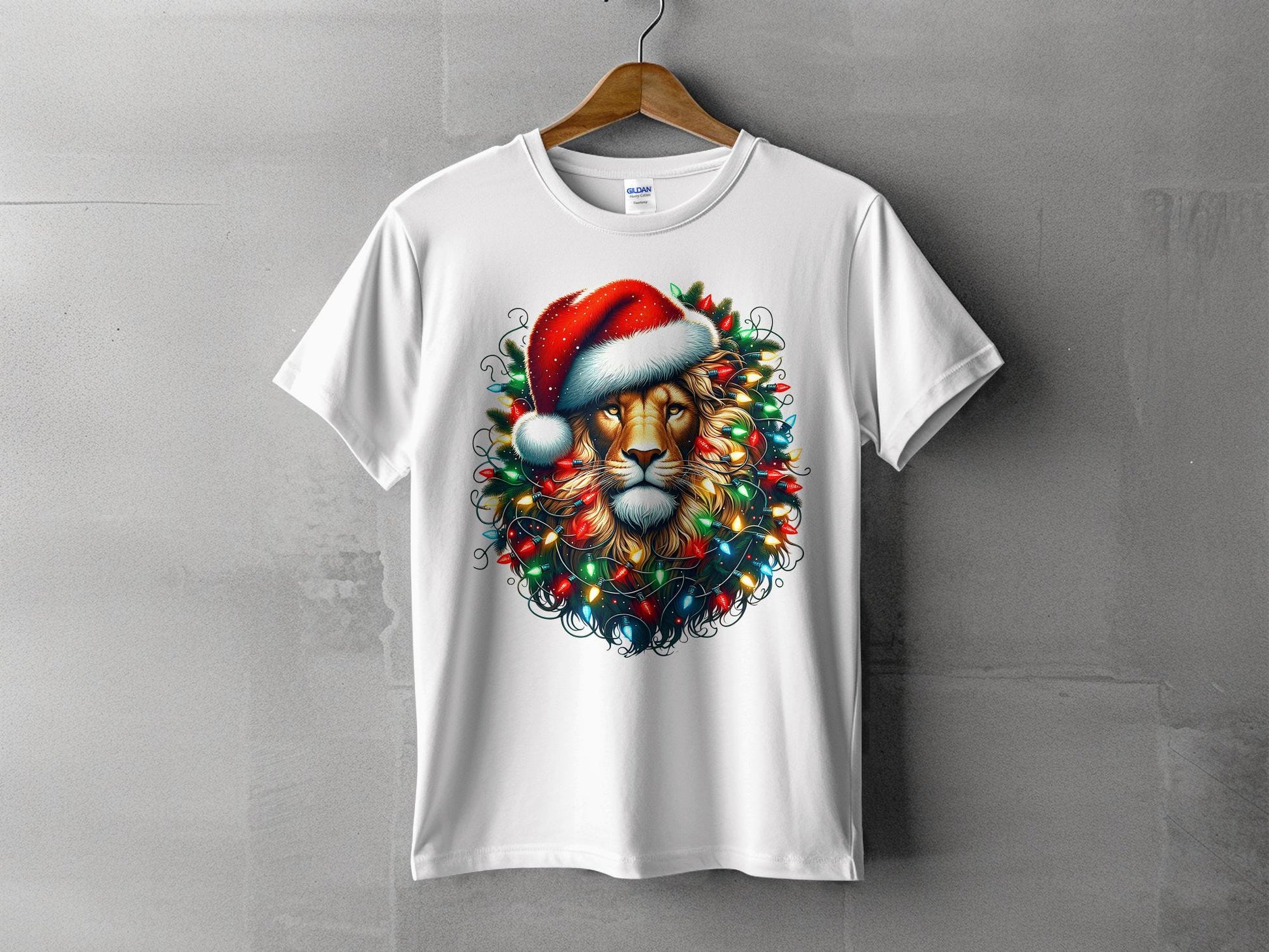 Festive Lion Wearing Santa Hat Christmas Themed Shirt