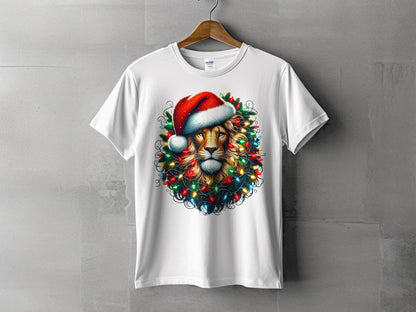 Festive Lion Wearing Santa Hat Christmas Themed Shirt