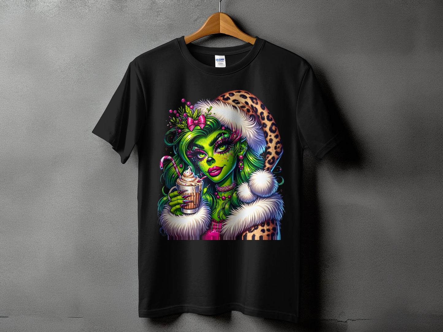 Vibrant Green Face Santa Hat Unique Graphic T-Shirt