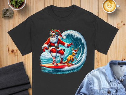 Surfing Santa with Reindeer Graphic T-shirt