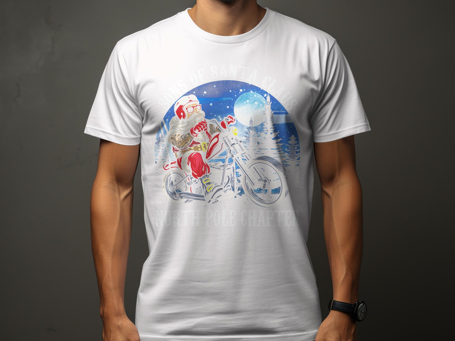 Biker Santa Riding Motorcycle in Snow T-Shirt