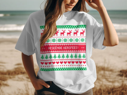 Festive Christmas Reindeer Print Gesëende Kersfees T-shirt