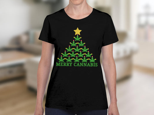 Merry Cannabis Christmas Tree Design T-shirt