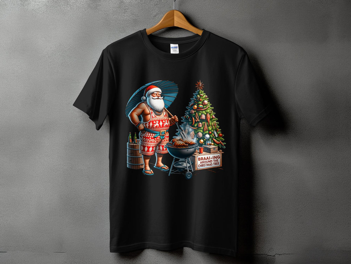 Grilling Santa at Christmas Tree Funny T-Shirt