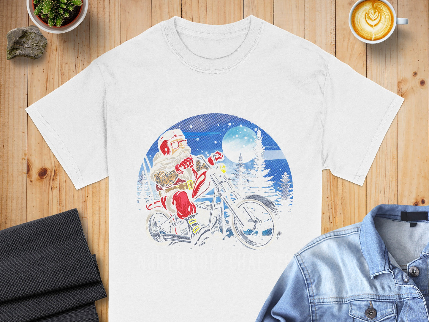 Santa Riding Motorcycle North Pole Christmas T-shirt
