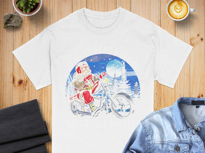 Santa Riding Motorcycle North Pole Christmas T-shirt