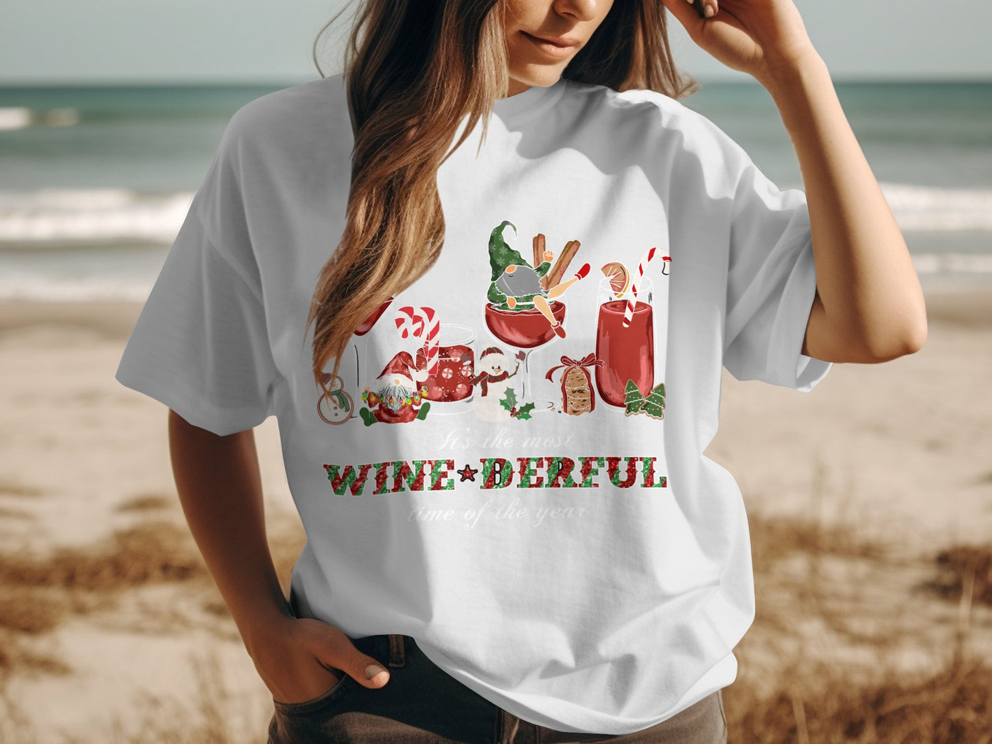Festive wine themed graphic tee with holiday icons