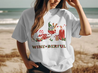 Festive wine themed graphic tee with holiday icons