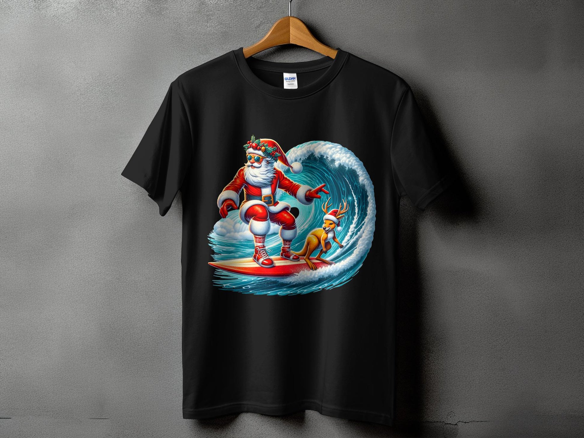 Santa Claus Surfing with Deer T-Shirt