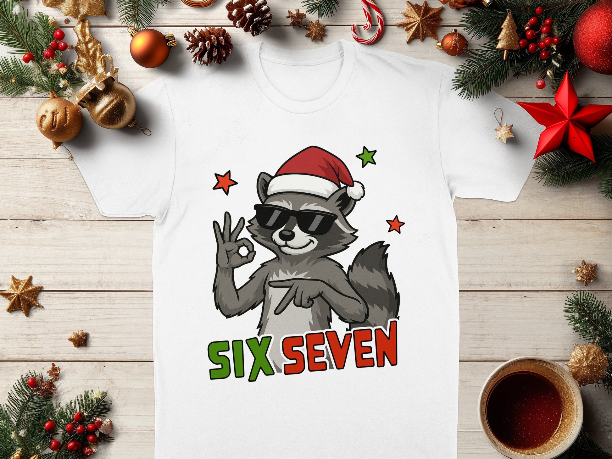Cool Cartoon Christmas Raccoon Six Seven T-shirt