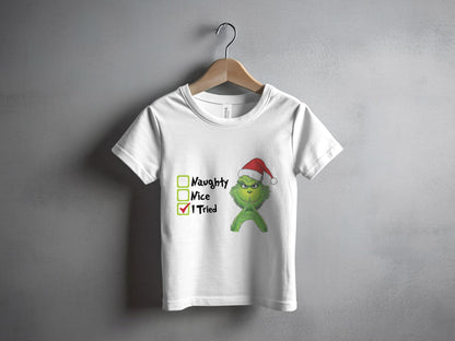 Naughty Nice I Tried Grinch Santa Hat Christmas shirt