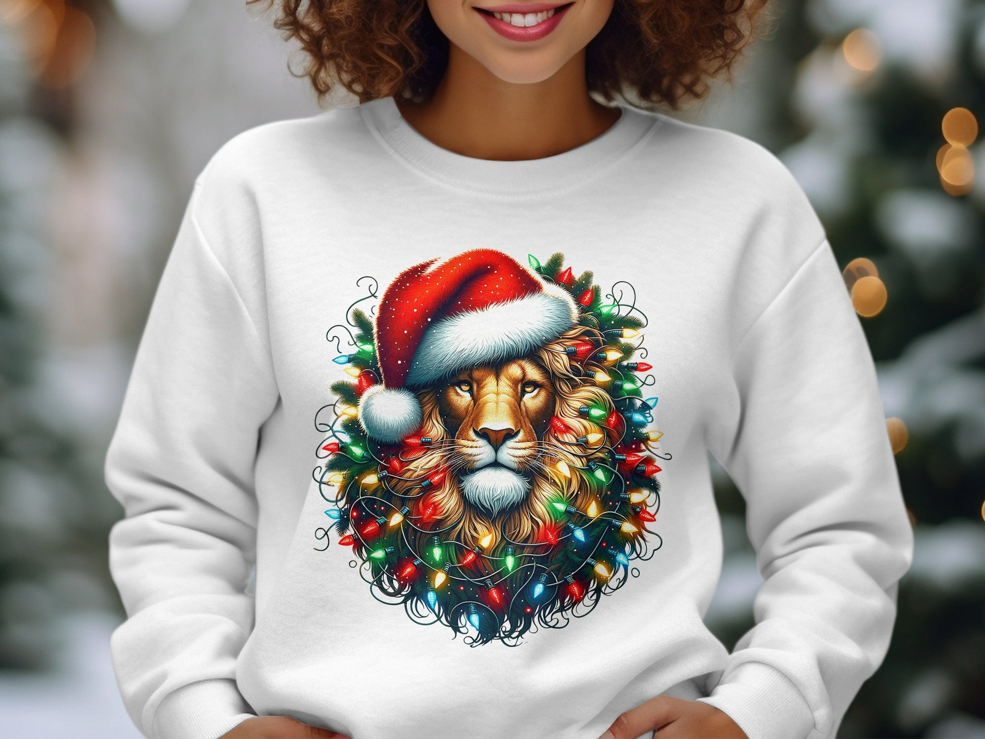 Festive Lion Wearing Santa Hat with Christmas Lights sweatshirt