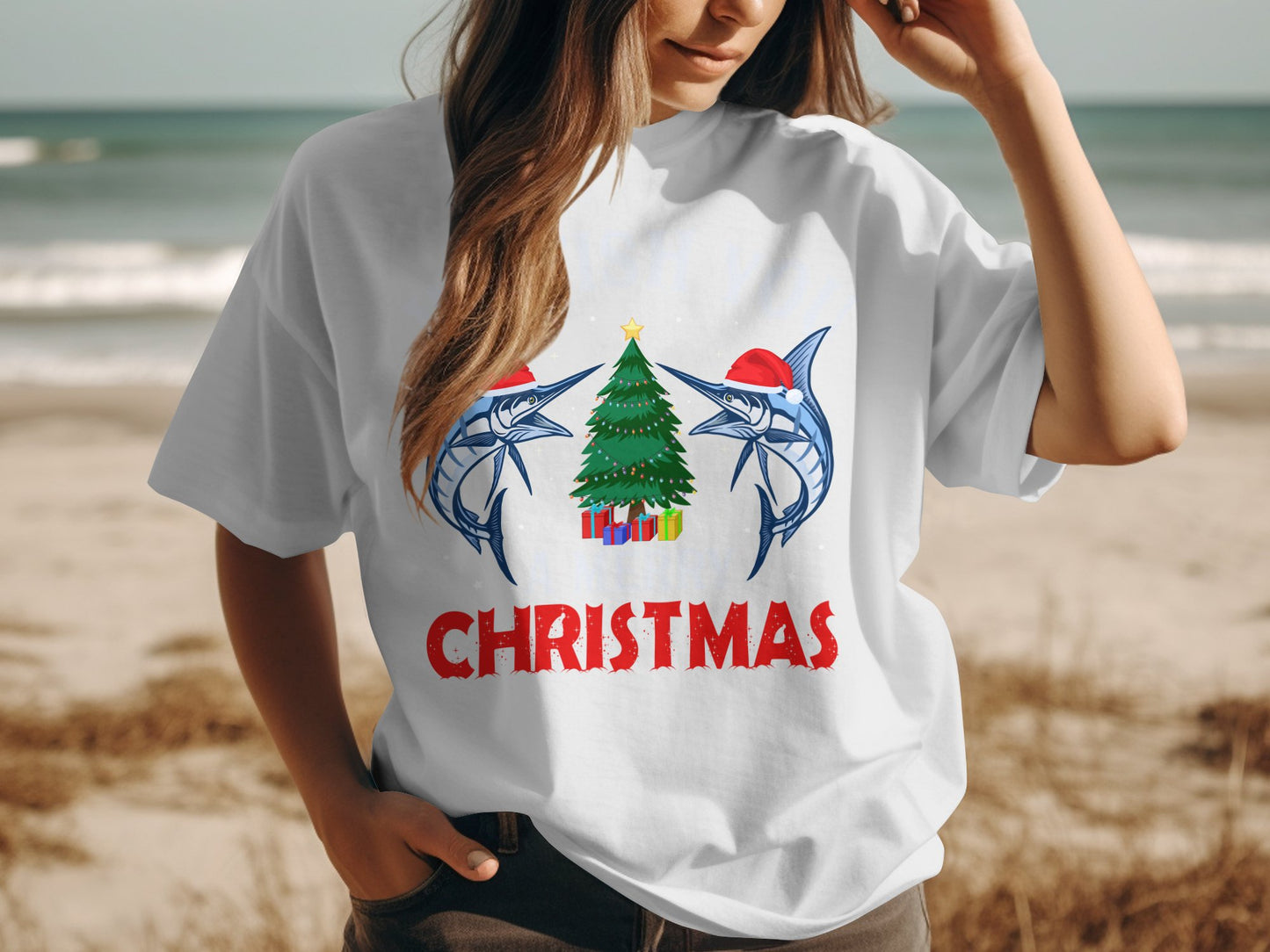 Christmas Shirt with Marlin and Tree Graphic