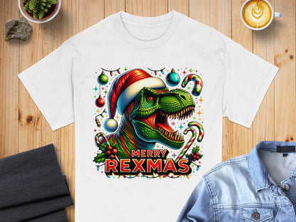 Dinosaur wearing santa claus hat Rexmas t-shirt