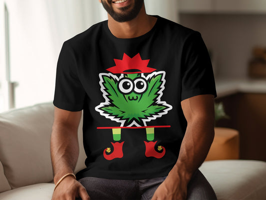 Funny Cartoon Leaf Character in Holiday Theme Shirt