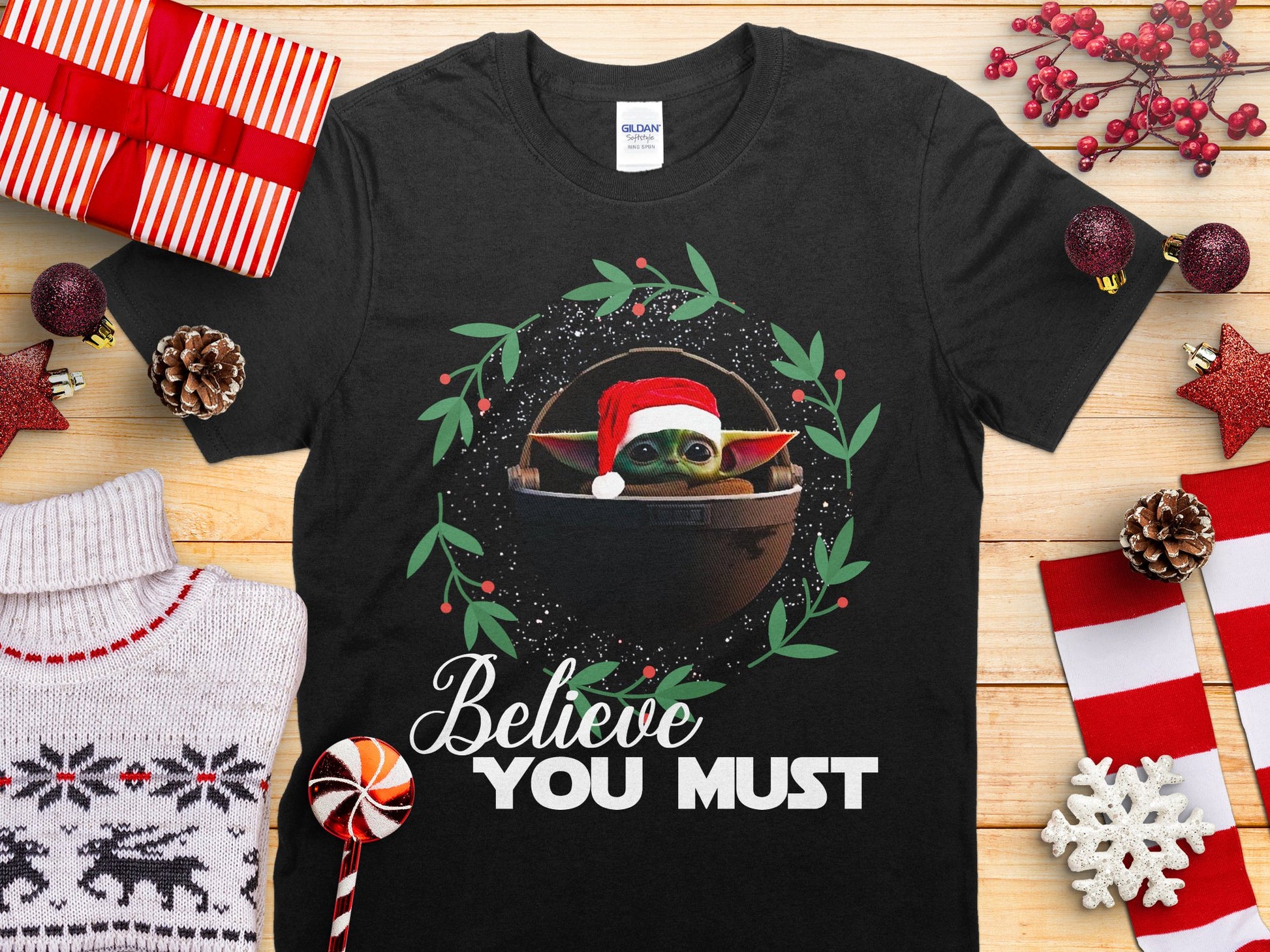 Believe You Must Santa Baby Yoda Graphic T-Shirt