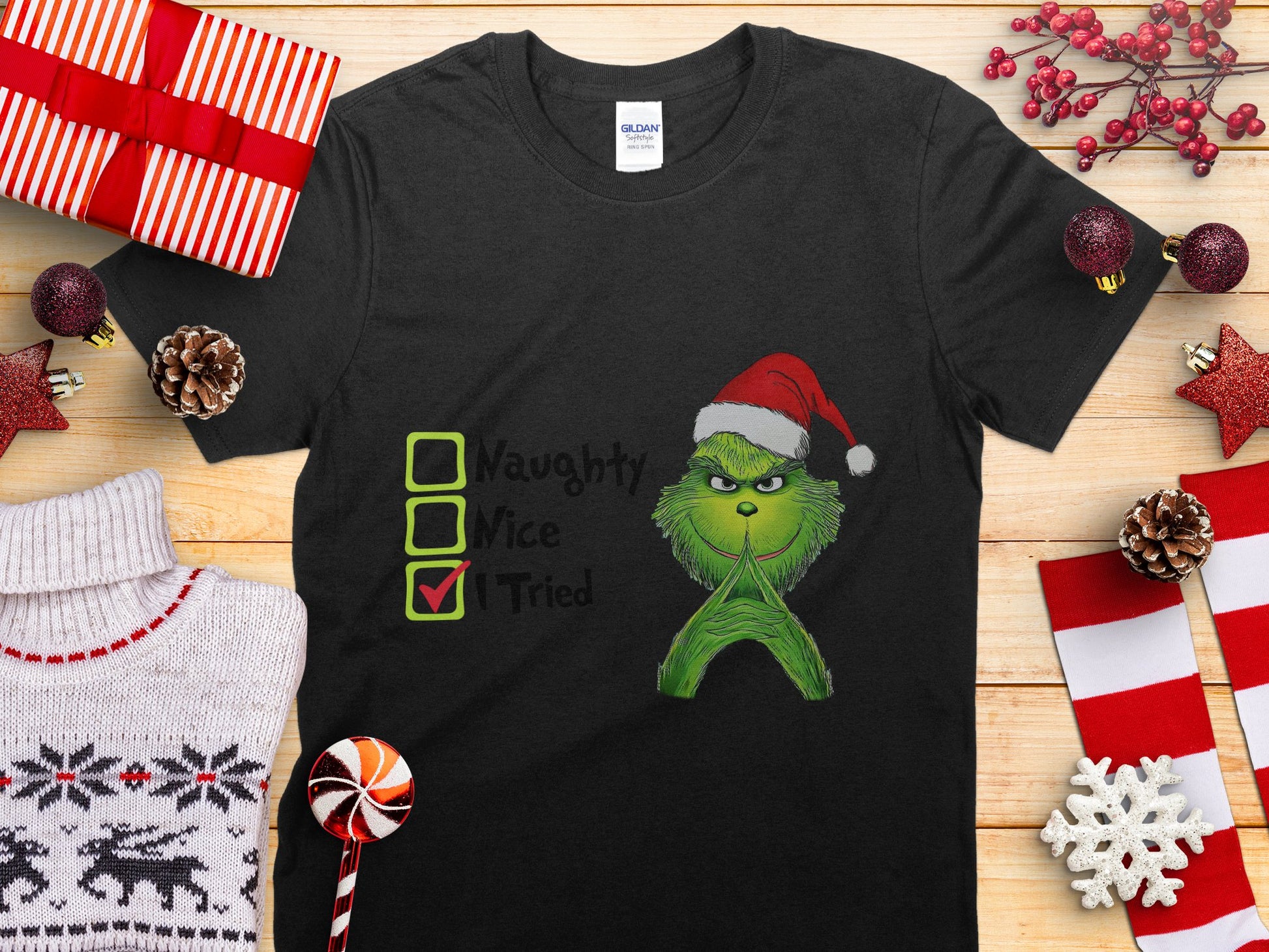 Naughty Nice I Tried Grinch Christmas T-shirt